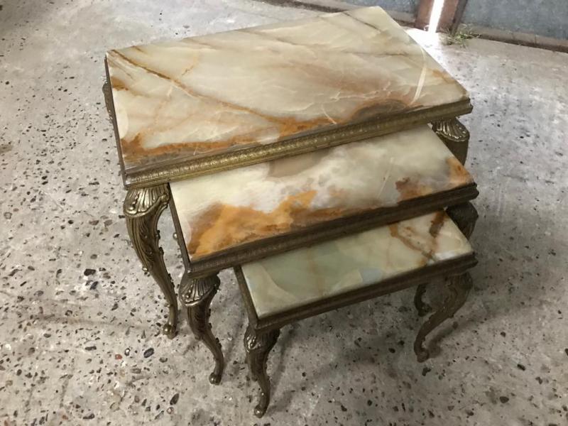 Rococo style Italian Gilt Brass & Onyx nest of 3 tables
