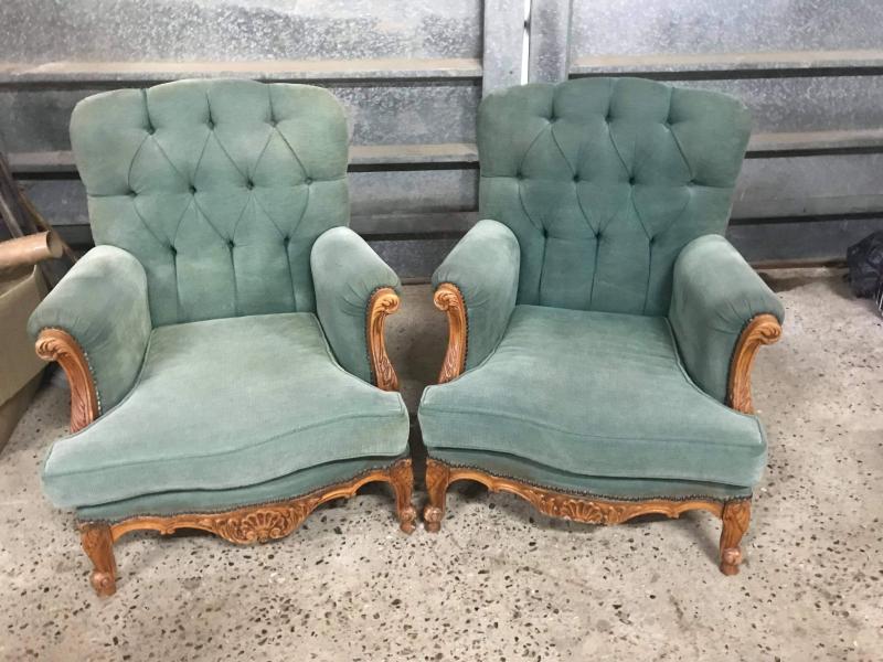 Vintage pair of tufted / button back French Provincial arm chairs