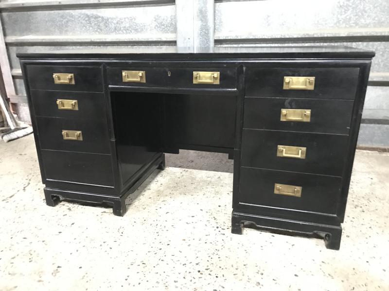 Beautiful large ebonised pedestal writing desk .