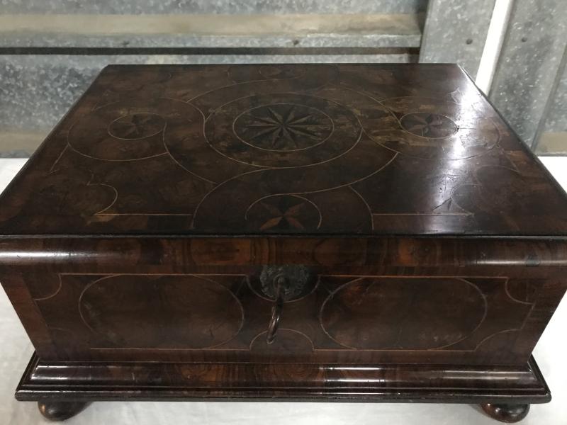 17th century Marquetry Lace / bible box with key .