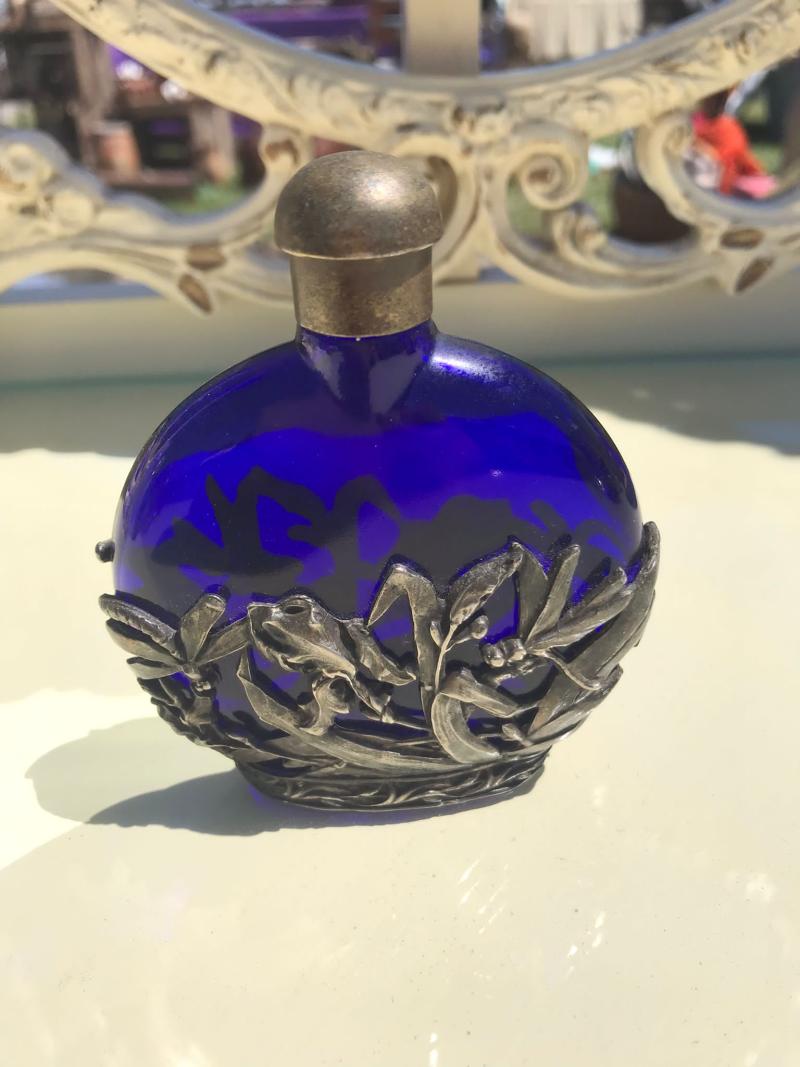 Art Nouveau French cobalt blue and pewter perfume bottle