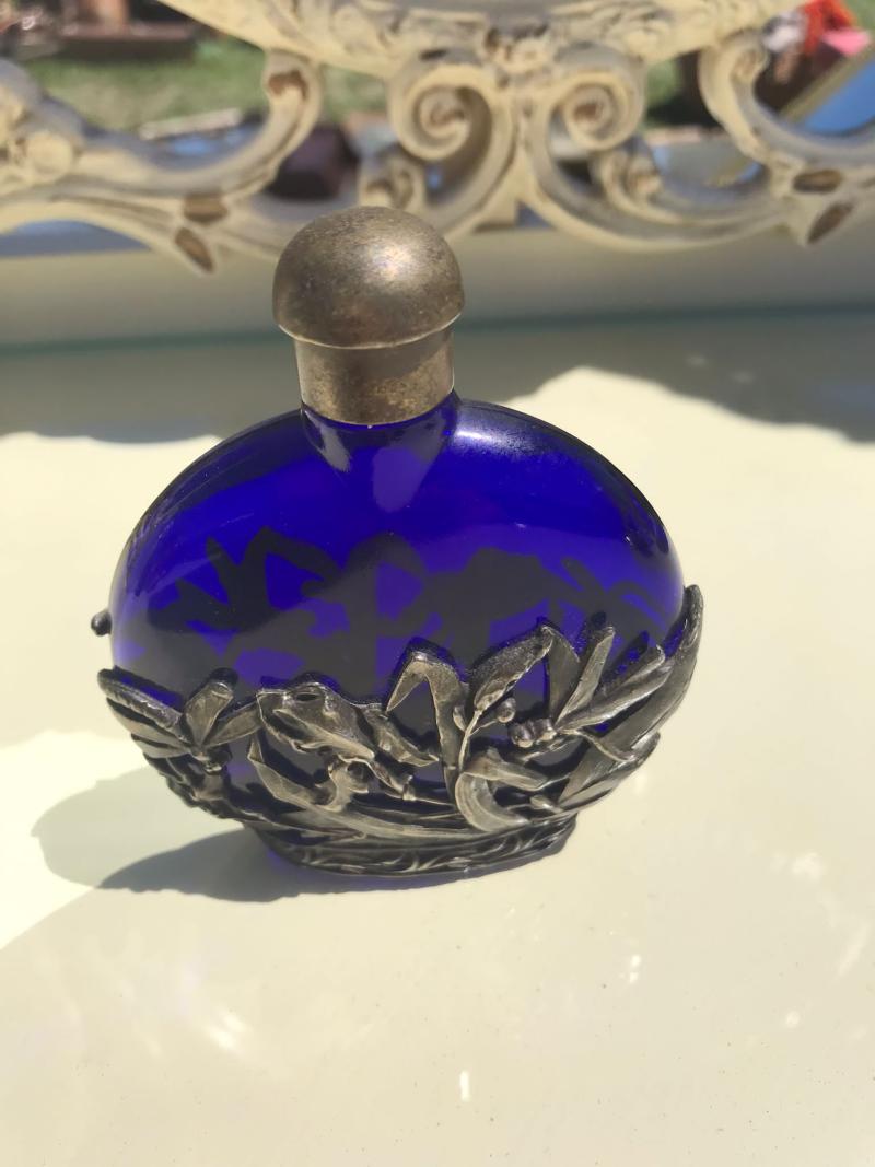 Art Nouveau French cobalt blue and pewter perfume bottle