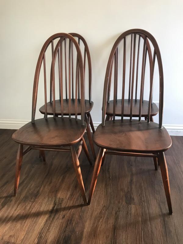 Set of 4 early blue badge Ercol dining chairs.