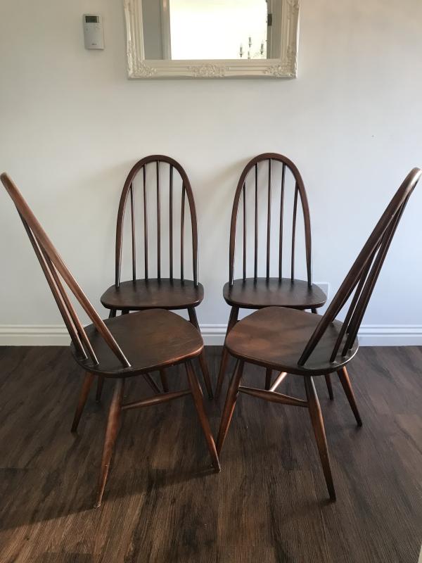 Set of 4 early blue badge Ercol dining chairs.