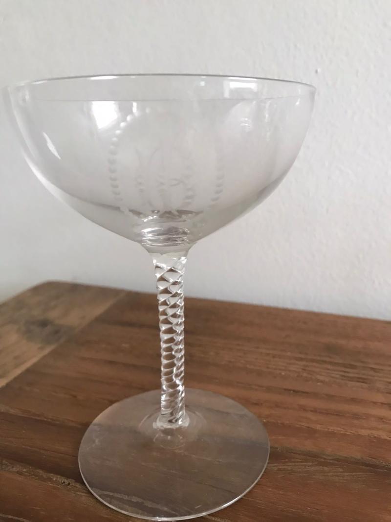 Victorian set of 6 twisted stem champagne glasses.