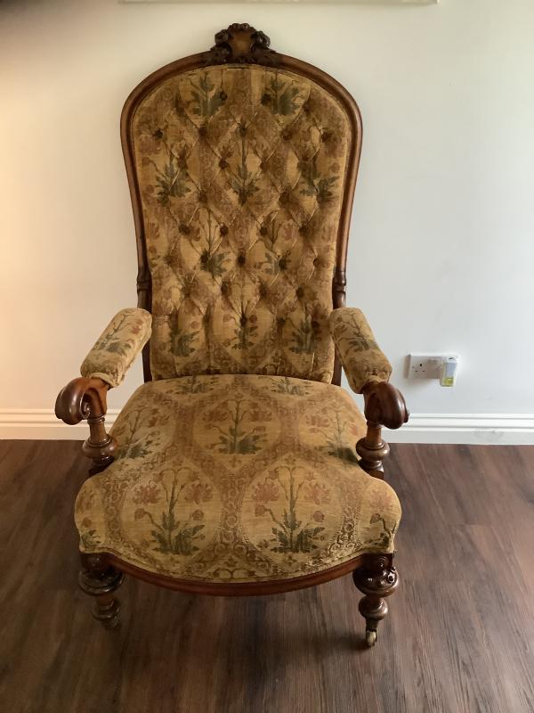 Large Victorian walnut framed open armchair .
