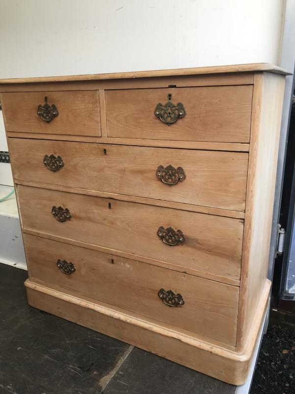 Large Victorian stripped pine chest of drawers.