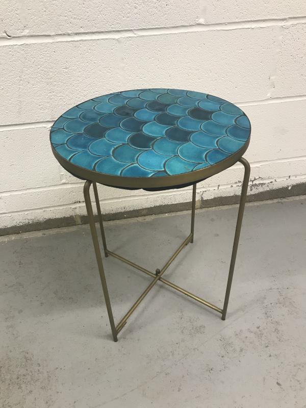 Vintage Moroccan ceramic fish scale side table.