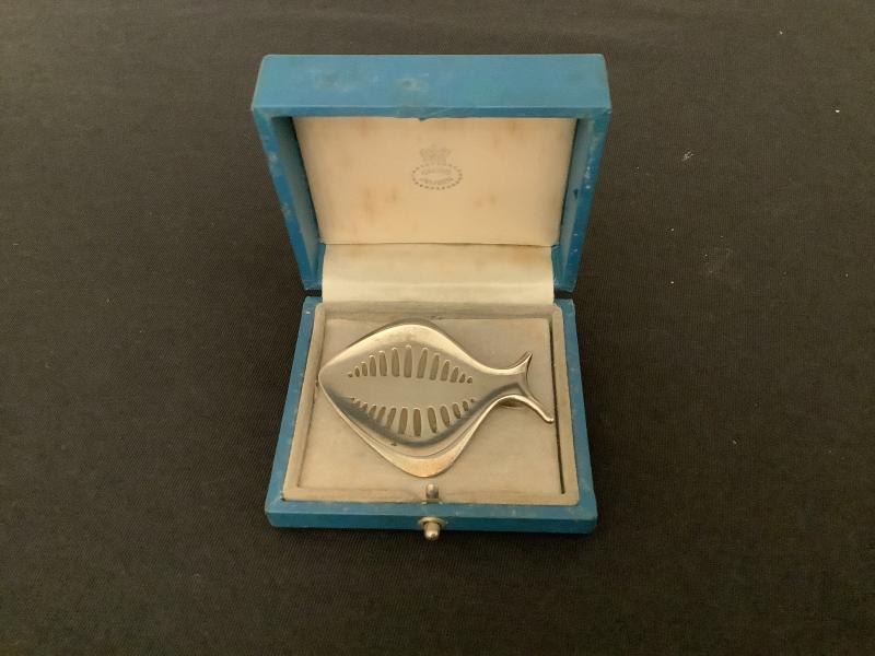 Georg Jenson sterling silver fish brooch with original box.